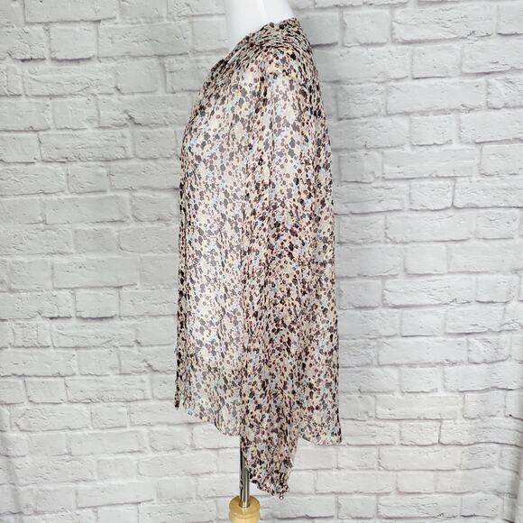 Theory Top Silk Bernetta Floral Crinkle Chiffon Tie Neck Sheer Long Sleeve Sz L - Picture 10 of 13